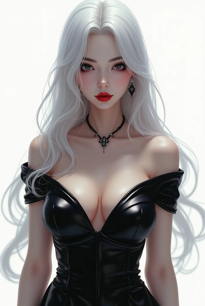 1girl, sunglasses, solo, hat, lipstick, red lips, long white hair, dress, plunging neckline, makeup, monochrome, white background, earrings, cleavage, jewelry, upper body, spot color, hair over shoulder,dark theme,shiny,shiny skin,milf,(mature japanese female:1.2),
