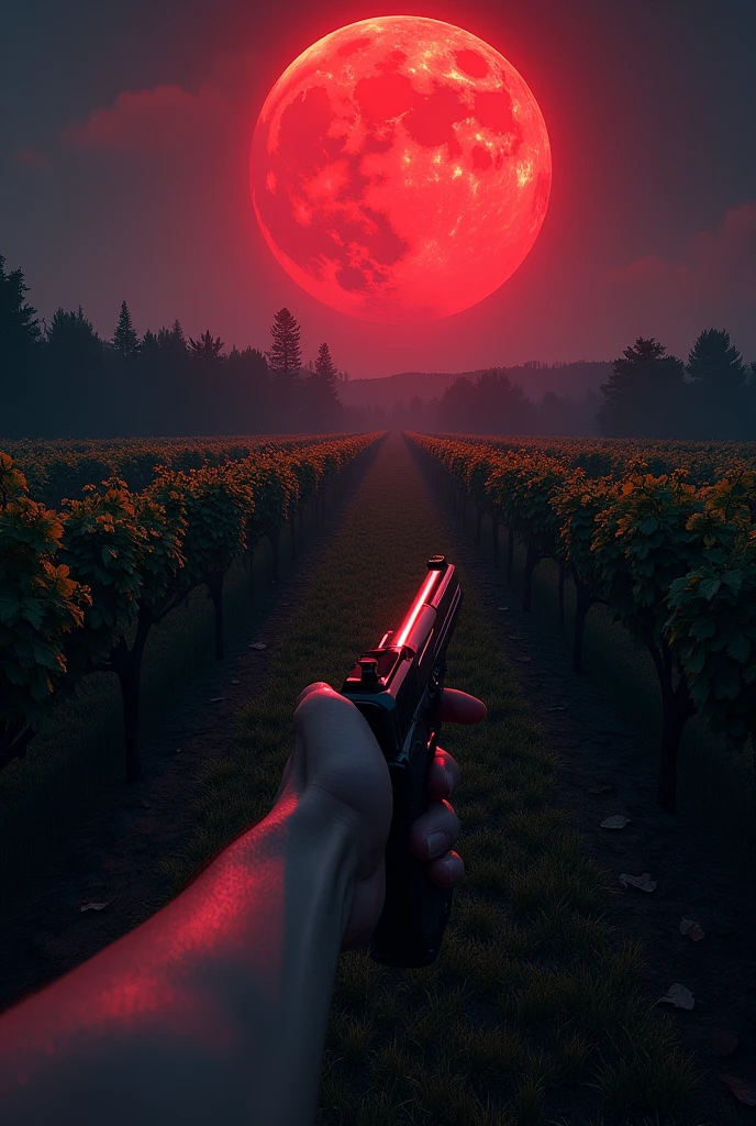 FIRST PERSON POSPECT with an arm holding a pistol, large garden with vineyards, at night, a blood-colored moon in the sky