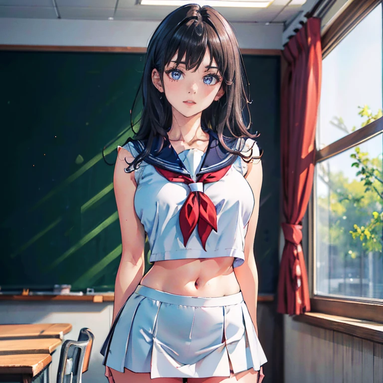 Anime Waifu beautiful detailed eyes, beautiful detailed lips, extremely detailed eyes and face, longeyelashes, 1girl, sensual, young woman, medium breasts, beautiful feminine face, nice thighs, slim, sexy, erotic, beautiful clothes, perfect body, cinematic lighting and framing, (best quality,4k,8k,highres,masterpiece:1.2),ultra-detailed,digital painting,portrait,glamorous,highly detailed,soft lighting,warm color tones Perfect human body,1 girl, (very highly detailed background,Classroom), clavicle,Sleeveless sailor suit,navel,Low-rise miniskirt,((woman with fever)), ((perspired,college aged))), Colossal ,Indecent expressionlush blush:1.2),Pubic hair shows through,Next to him stood a man,Man taking photo of girl,,