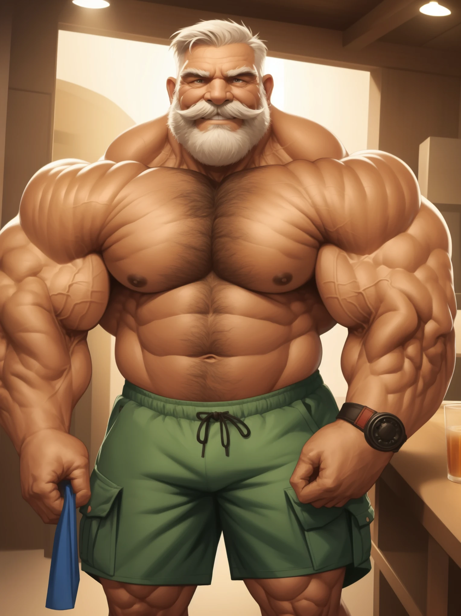 1boy, 1man, solo, gigantic, hyper detailed, (topless, shirtless, cargo shorts), well-muscled old man, bearded, thick mustache. ((extremely huge muscular, massive muscular, extremely muscle size, super thick arms, huge pec, hyper pec, extremely wide pectoral , huge arms)), wide smiling. Add textures and details to make the image more realistic, such as the appearance of the. Make sure the resulting image is high resolution, 8K quality