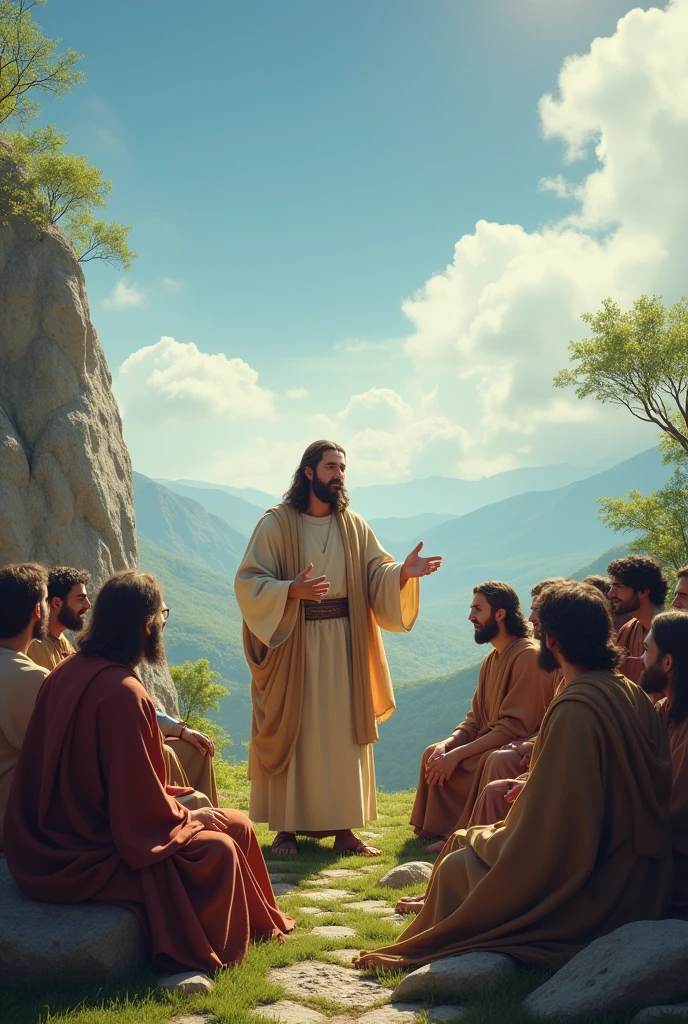 Jesus teaching the twelve disciples sitting on a rock on a very clear day