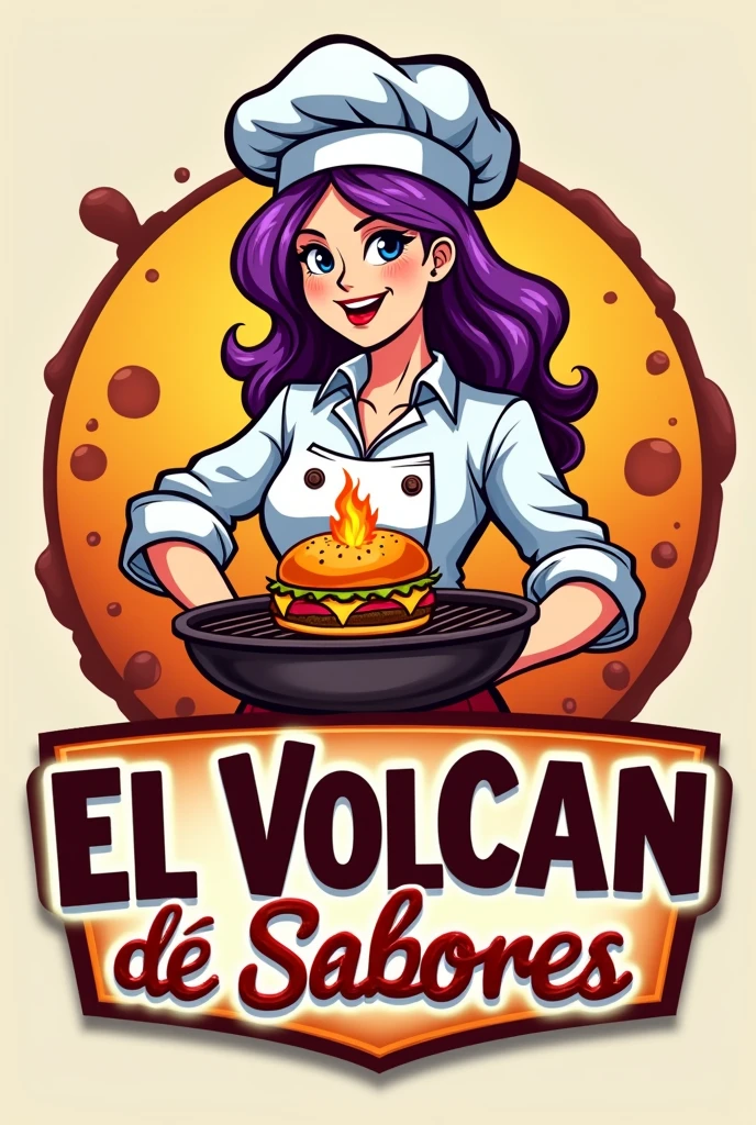 Could you please create a logo for a fast food restaurant like homemade hamburgers with a white female chef with purple hair holding a grill with the name El Volcán de Sabores written on it?