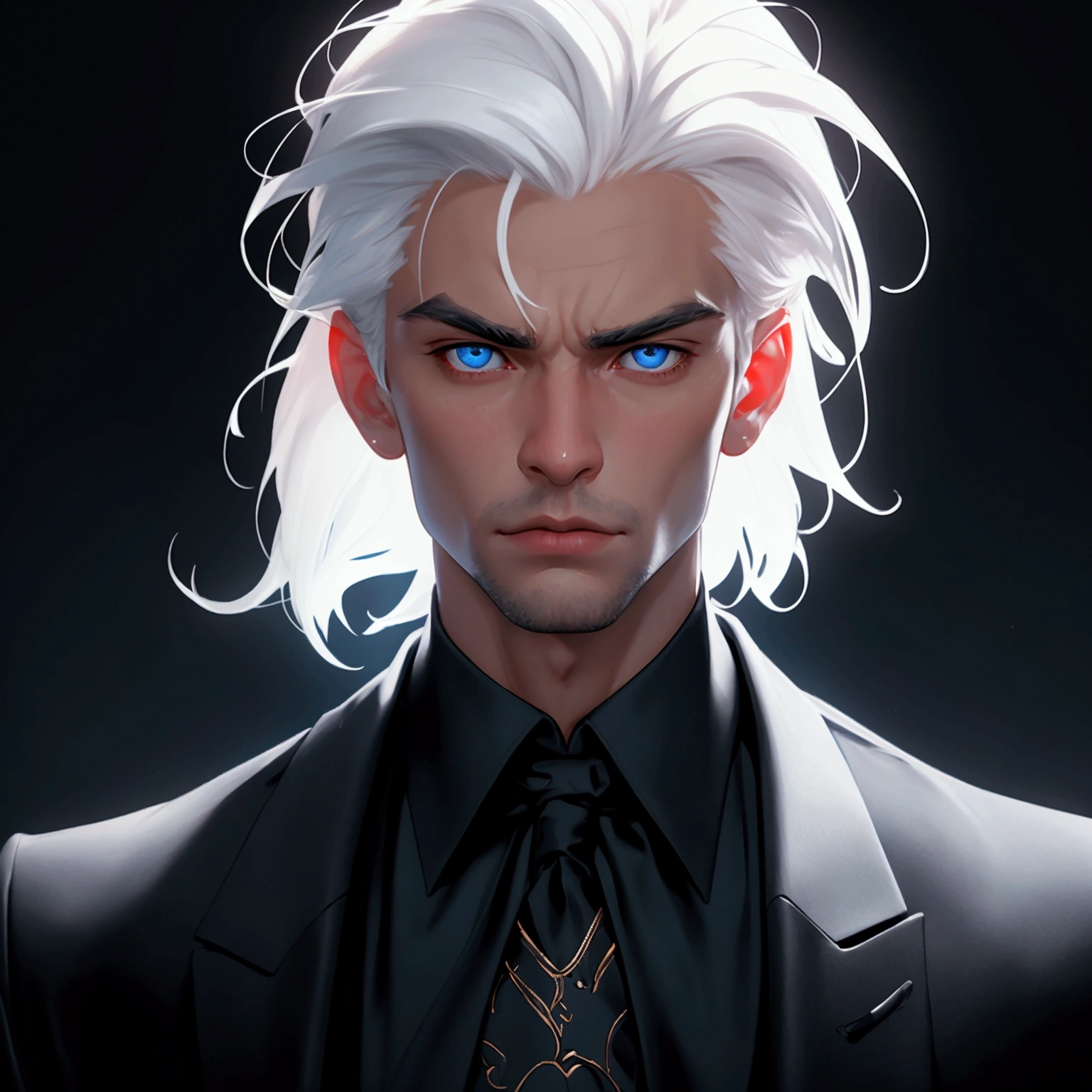 envision a 8k, highres, cinematic close up portrait of a strong faced man with a slender body, no facial hair with short sleek white hair, and blue eyes wearing black vest and collard shirt, blazer, magic effects against a dark gray background