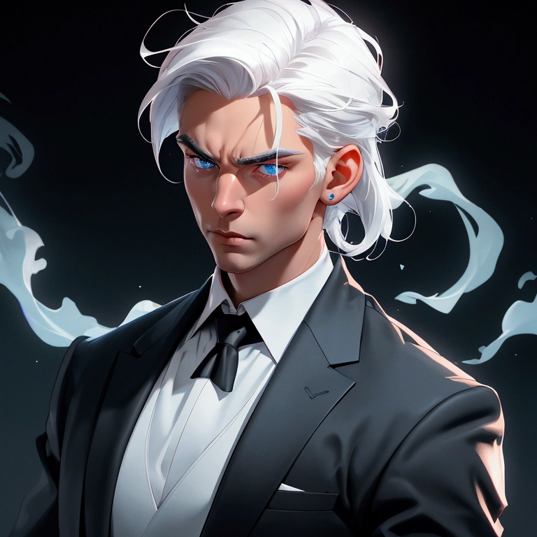 envision a 8k, highres, cinematic close up portrait of a strong faced man with a slender body, no facial hair with short sleek white hair, and blue eyes wearing black vest and collard shirt, blazer, magic effects against a dark gray background