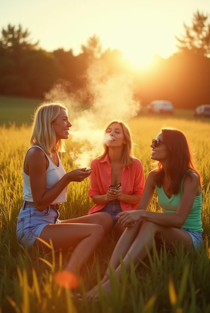 Adult women smoking cannabis herb marijuana cigarette, in an open field, sitting on the grass, radiant sun, Color image with lots of sunlight, wearing shorts and a colored shirt, arbokes at the bottom, very tall grass