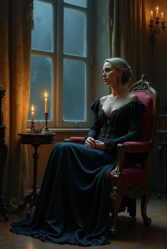 A highly realistic and emotional depiction of Lady Seraphina d’Aurelis in a moment of private grief. The scene takes place in her dimly lit, opulent chambers, where she is alone, away from the prying eyes of the court. Seraphina, dressed in a dark, elegant gown, is seated by a large window with heavy drapes, looking out into the night with tears streaming down her face. Her usual regal and composed demeanor has crumbled, revealing her deep sorrow and regret over her betrayal of Lady Isolde Thorne. Her hands are trembling as she clutches a small memento, perhaps a token that reminds her of Isolde. The room is filled with dark, ornate furniture, and the flickering light of candles casts long shadows, emphasizing the loneliness and despair that Seraphina feels. The art style is realistic, with an oil painting texture that adds depth and emotion to the scene, capturing the raw and unguarded grief of a powerful ruler in her most vulnerable moment.
