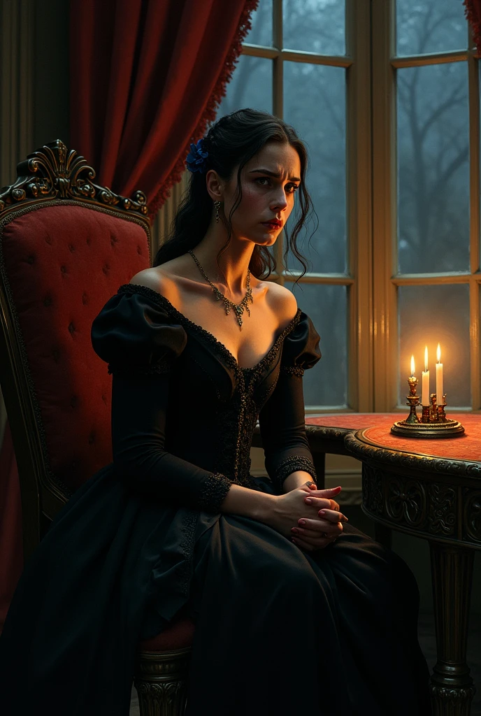 A highly realistic and emotional depiction of Lady Seraphina d’Aurelis in a moment of private grief. The scene takes place in her dimly lit, opulent chambers, where she is alone, away from the prying eyes of the court. Seraphina, dressed in a dark, elegant gown, is seated by a large window with heavy drapes, looking out into the night with tears streaming down her face. Her usual regal and composed demeanor has crumbled, revealing her deep sorrow and regret over her betrayal of Lady Isolde Thorne. Her hands are trembling as she clutches a small memento, perhaps a token that reminds her of Isolde. The room is filled with dark, ornate furniture, and the flickering light of candles casts long shadows, emphasizing the loneliness and despair that Seraphina feels. The art style is realistic, with an oil painting texture that adds depth and emotion to the scene, capturing the raw and unguarded grief of a powerful ruler in her most vulnerable moment.