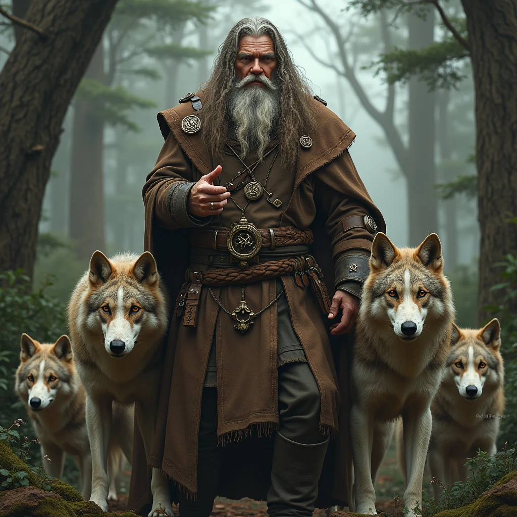 a leather-clad druid wizard accompanied by wolves