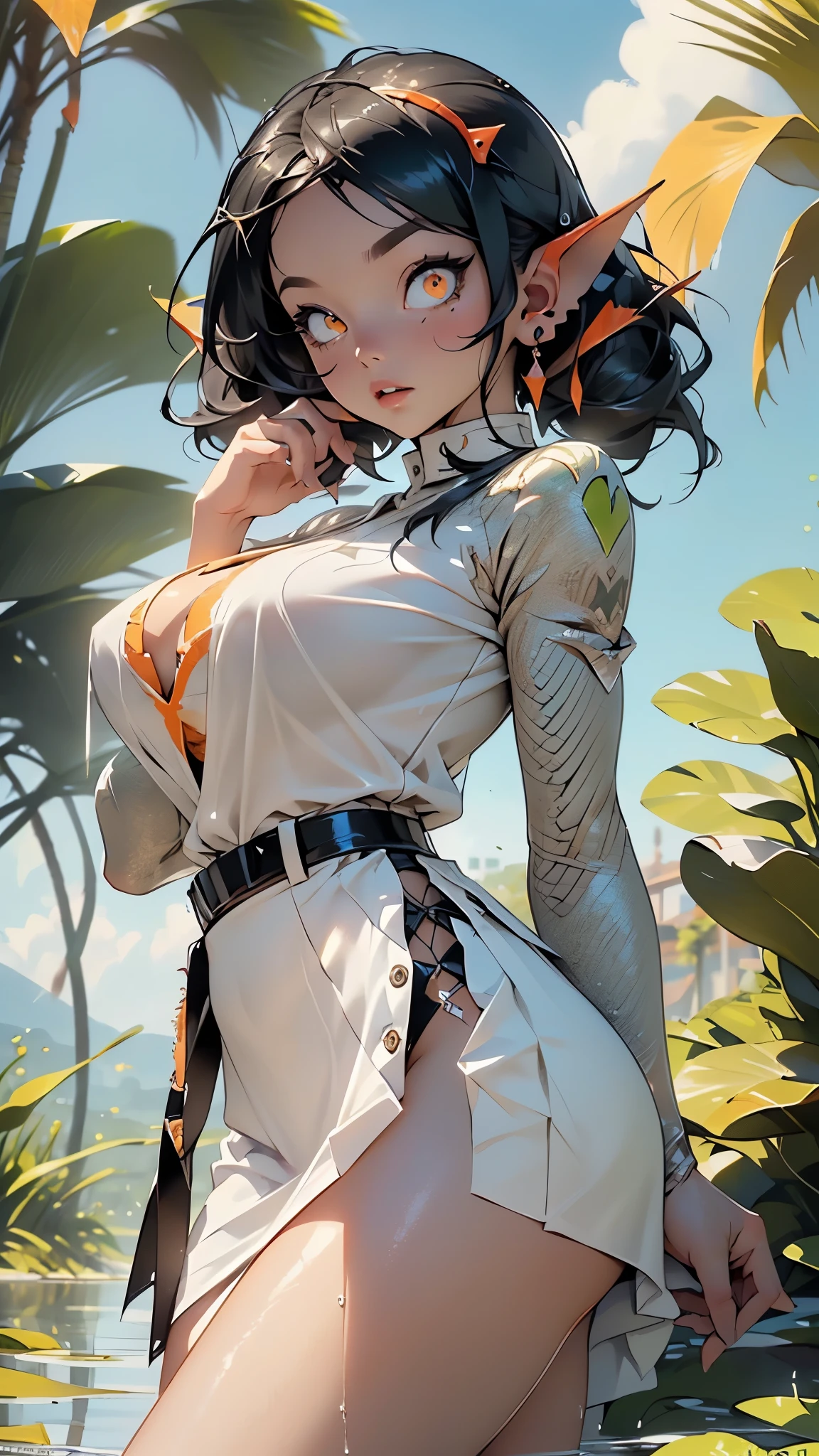 alien girl,(((1girl))),((beautiful alien girl)),
alien fish girl,(huge eyes:1.5),(((ear fins:1.5))),(((scaly skin:1.5))),((monster_girl)),
((twin tail hairstyle, black hair,turquoise highlights hair)),
(large breasts:1.4),saggy breasts,(((ear fins:1.5))),(glowing eyes),(((orange_eyes:1.2))),(((black sclera:1.5))),symmetrical eyes,((fat)),(((lustrous skin:1.5,bright skin: 1.5,skin tanned,shiny skin,very shiny skin,shiny body,plastic glitter skin,exaggerated shiny skin,illuminated skin, wet legs))),(spider lower abdomen,narrow waist,wide hip,athletic body,inflated legs, thick thighs,detailed body,(detailed face)),
cute,slutty,seductive,erotic,((nsfw)),
((scale suit)), orange scale headwear, ((orange scale shirt, black scale shirt, white scale panties)),((Skirt Lift Front, (skirtliftfront))),((wet clothes,intricate outfit,intricate clothes)),
(dynamic pose:1.0),embarrassed,(centered,scale to fit dimensions,Rule of thirds),
outdoors, ocean, (ocean in the background), scenery, extremely scenery, (puddles everywhere, moss, moss on the bottom), clouds, water lilies, palm trees, reeds, (sunset, golden hour),(egyptian palace background,pyramids in the background),
(Glossy atlantis ornaments),highres,sharp focus,(ultra detailed,extremely detailed),(photorealistic artwork:1.37),(extremely detailed CG unity 8k wallpaper),(((vibrant colors,vibrant theme))),(intricate),(masterpiece),(best quality),artistic photography,(photography taken by sldr),(intricate background),perfect rendered face,perfect face details,realistic face,photo realistic,((intricate detail)),(((realism))),