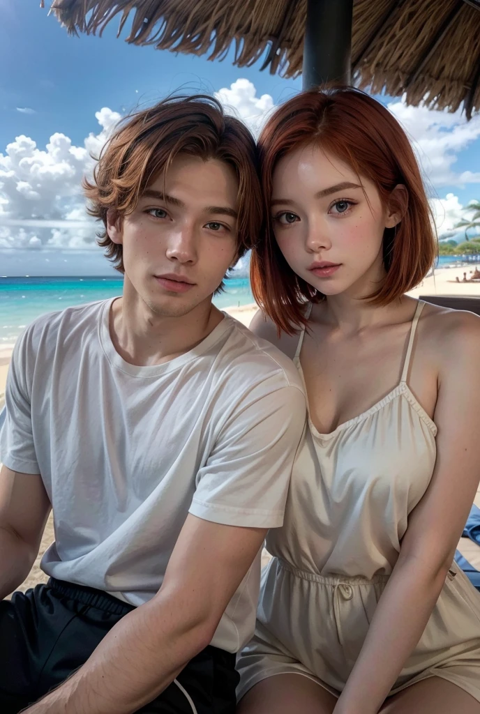 Redhead man with short straight hair together with his young redhead woman girlfriend with medium straight hair in Hawaii