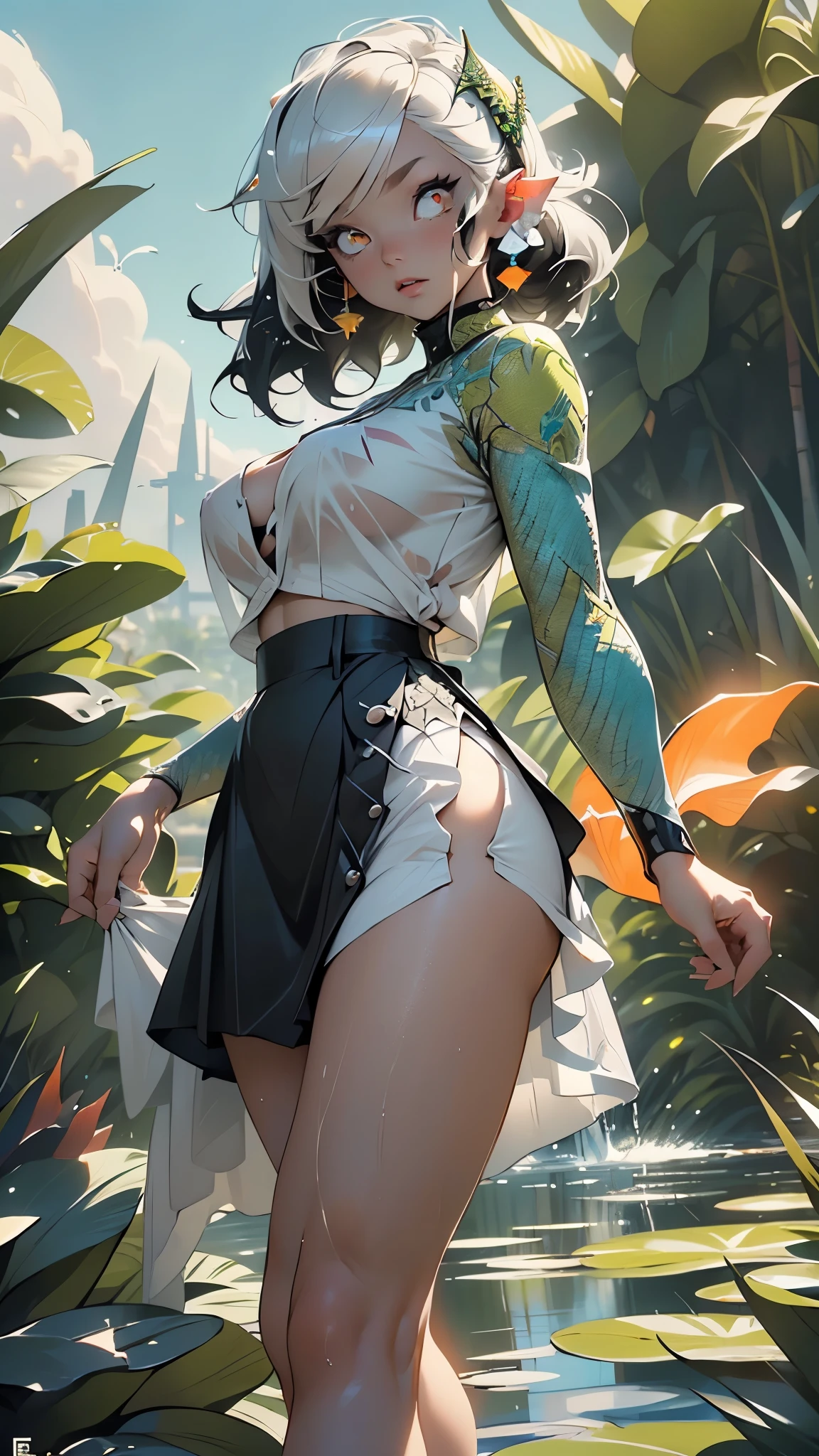 alien girl,(((1girl))),((beautiful alien girl)),
alien fish girl,(huge eyes:1.5),(((ear fins:1.5))),(((scaly skin:1.5))),((monster_girl)),
((twin tail hairstyle, black hair,turquoise highlights hair)),
(large breasts:1.4),saggy breasts,(((ear fins:1.5))),(glowing eyes),(((orange_eyes:1.2))),(((black sclera:1.5))),symmetrical eyes,((fat)),(((lustrous skin:1.5,bright skin: 1.5,skin tanned,shiny skin,very shiny skin,shiny body,plastic glitter skin,exaggerated shiny skin,illuminated skin, wet legs))),(spider lower abdomen,narrow waist,wide hip,athletic body,inflated legs, thick thighs,detailed body,(detailed face)),
cute,slutty,seductive,erotic,((nsfw)),
((scale suit)), orange scale headwear, ((orange scale shirt, black scale shirt, white scale panties)),((Skirt Lift Front, (skirtliftfront))),((wet clothes,intricate outfit,intricate clothes)),
(dynamic pose:1.0),embarrassed,(centered,scale to fit dimensions,Rule of thirds),
outdoors, ocean, (ocean in the background), scenery, extremely scenery, (puddles everywhere, moss, moss on the bottom), clouds, water lilies, palm trees, reeds, (sunset, golden hour),(egyptian palace background,pyramids in the background),
(Glossy atlantis ornaments),highres,sharp focus,(ultra detailed,extremely detailed),(photorealistic artwork:1.37),(extremely detailed CG unity 8k wallpaper),(((vibrant colors,vibrant theme))),(intricate),(masterpiece),(best quality),artistic photography,(photography taken by sldr),(intricate background),perfect rendered face,perfect face details,realistic face,photo realistic,((intricate detail)),(((realism))),