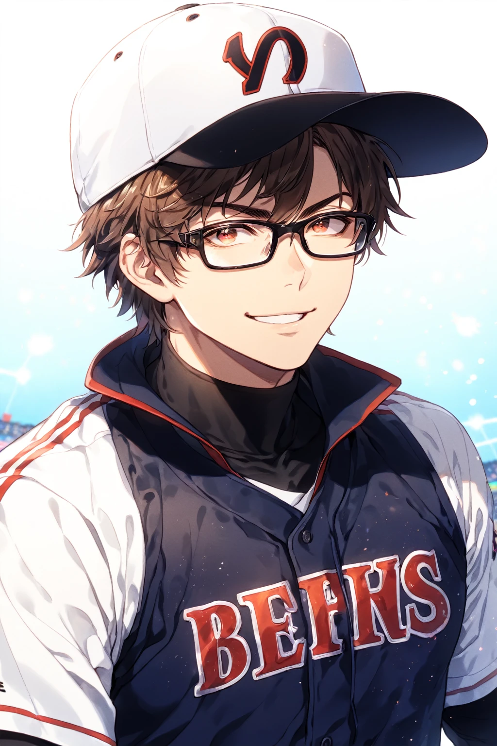 absurdres, highres, ultra detailed, HDR, master piece, Miyuki Kazuya, brown hair, expressive amber eyes, black glasses, white baseball uniform, Diamond No Ace, sexy man, handsome, best quality, fantasy, magical, solo, sensual, stadium, blue sky, handsome smile, manly man, black gloves,