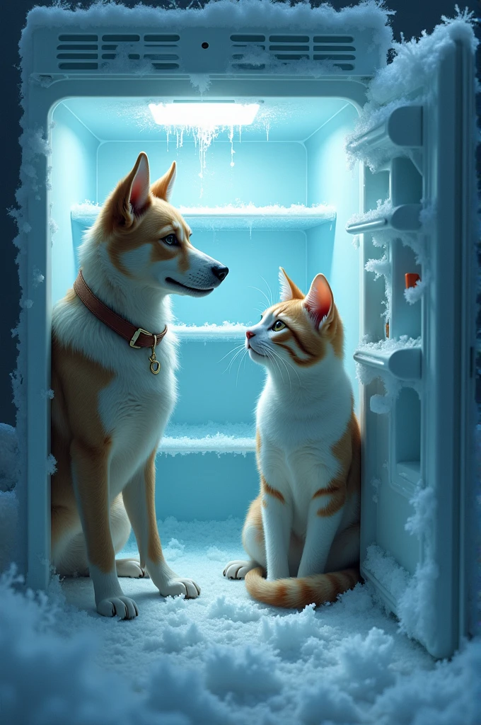 A dog with a cat inside a frozen refrigerator