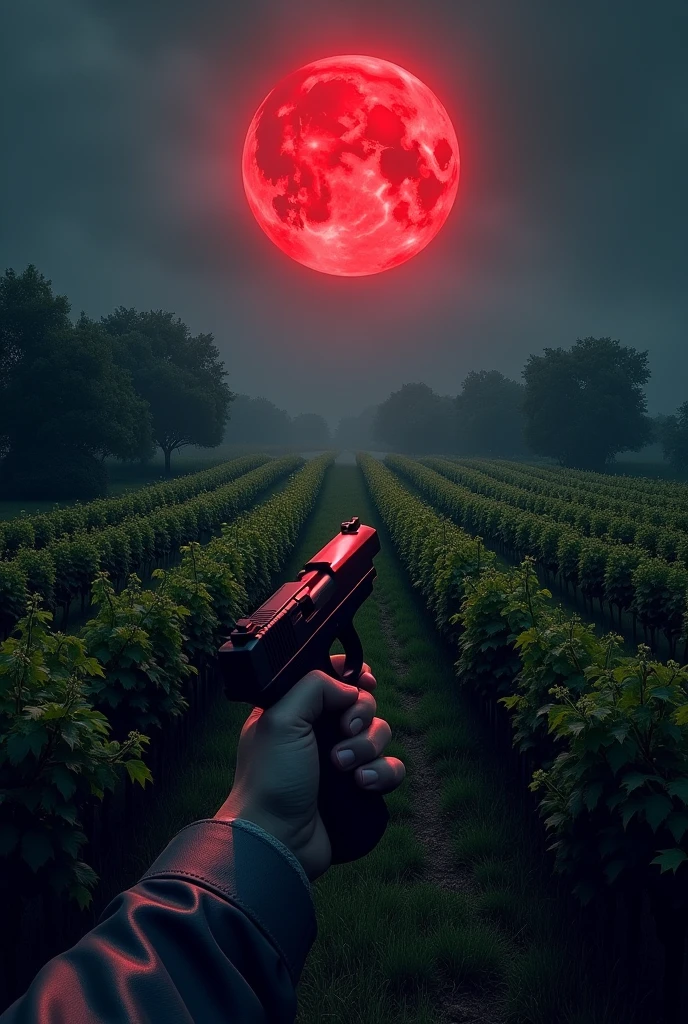 FIRST PERSON POSPECT with an arm holding a pistol, large garden with vineyards, at night, a blood-colored moon in the sky