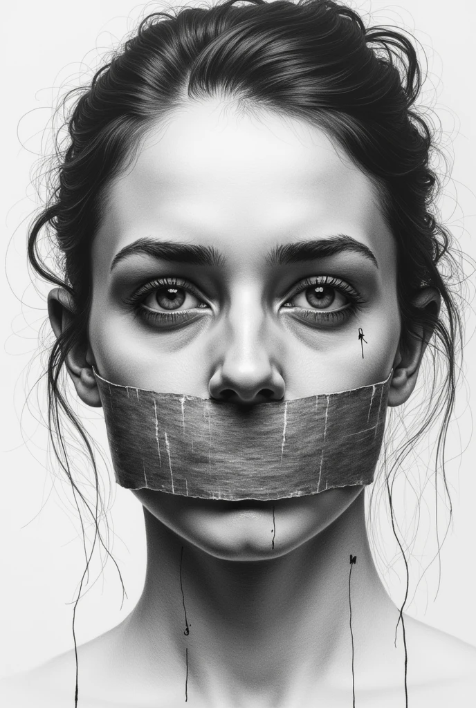face with tape over mouth art drawing