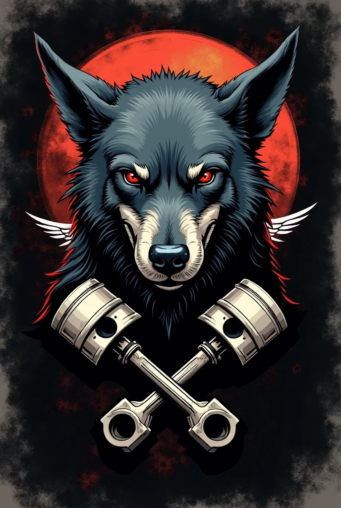 I need a motorcycle club crest with an angry stray dog in the center, with a scar on his left eye with small wings coming out from behind it and two crossed pistons at the bottom