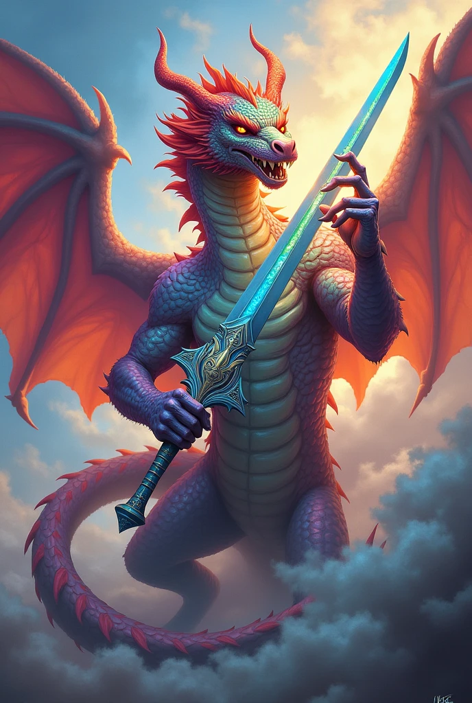 Colorful dragon with a sword
