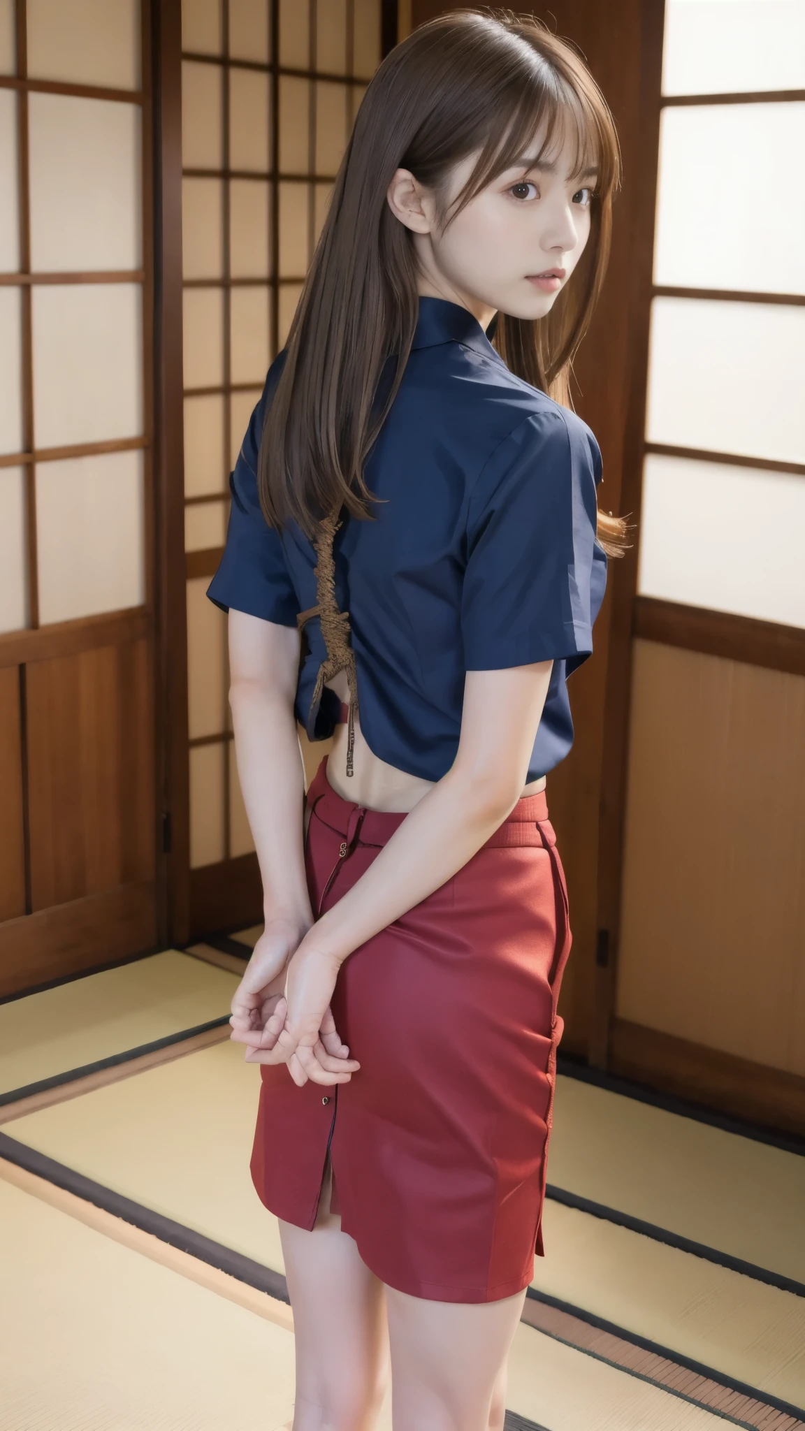 Highest quality, detailed, beautiful, insanely detailed, Absurd, Japanese women, Age 27, (thin), Light brown hair, Shiny Hair, Straight Hair, Delicate hair, Model body type, Completely naked, Hands should be put around the back, shibari, Bind tight, Wear a red short-sleeved blouse, Wear a navy blue skirt, Japanese Room , Standing on tatami mats , Viewer view from the front, Anatomically correct body, whole body,