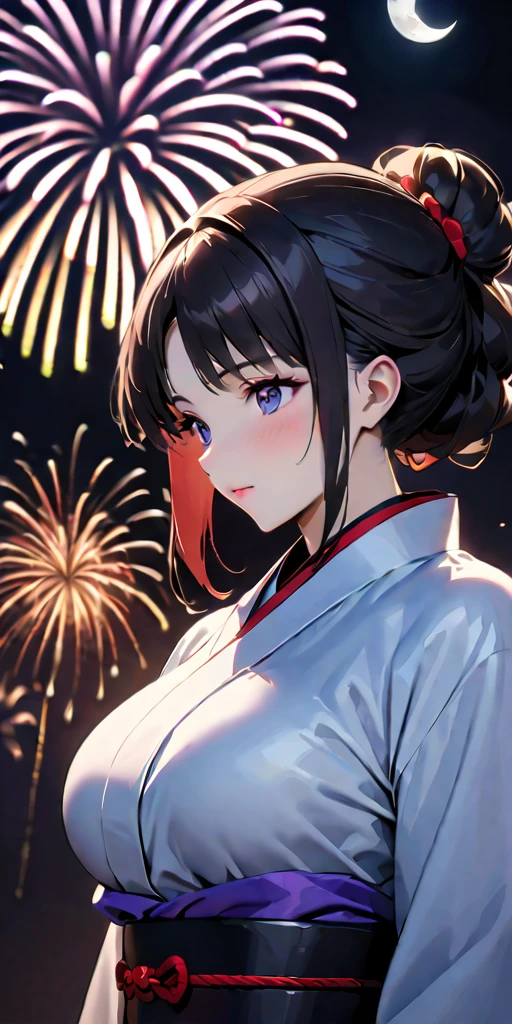 ((Highest quality、masterpiece、anime style、best quality、high resolution、8k、detailed、ultra-detailed:1.3))、Long legs:1.2, Beautiful woman with perfect figure:1.4、(Smiling:1.2), double eyelid、30-year-old female、((((One Woman,beautiful face,Beautiful face、Japanes,Japan、Kyoto、kimono、 night,upper body:1.5)))),Big Breasts、High resolution, accurate, Anatomically correct, Winner of numerous awards, High-resolution model, high quality, Very detailed, Ultra high definition, Textured skin,(((one moon,fireworks:1.5))),Japanese Festival