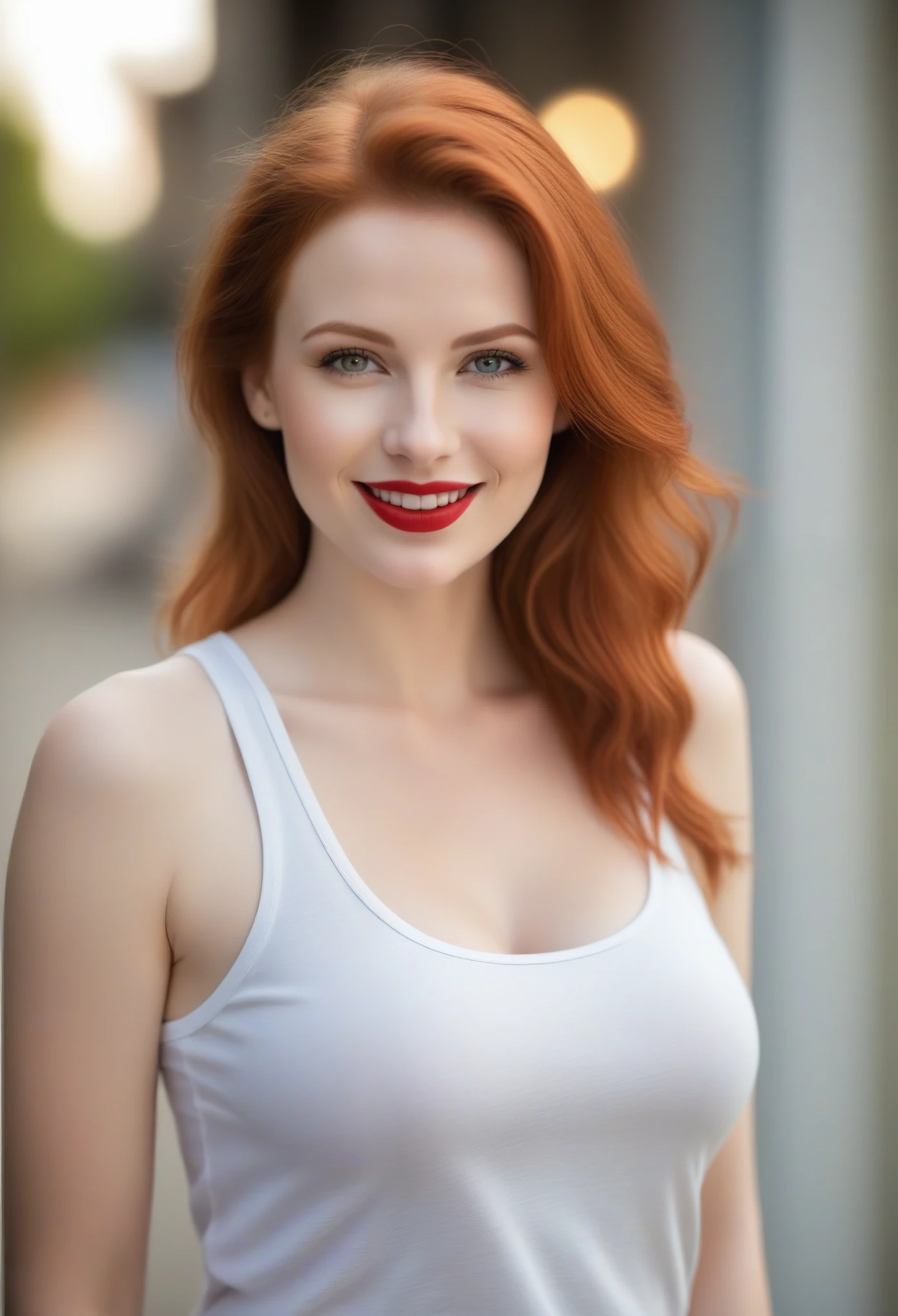 young Caucasian woman (((redhead))), (((eyes light grey))), thin face, full lips, (red lipstick), ((basic makeup))), large big and natural breasts, medium hair, seductive smile, wearing a (basic and white tank top by GAP), subtle skin texture, bokeh effect, post production enhancements