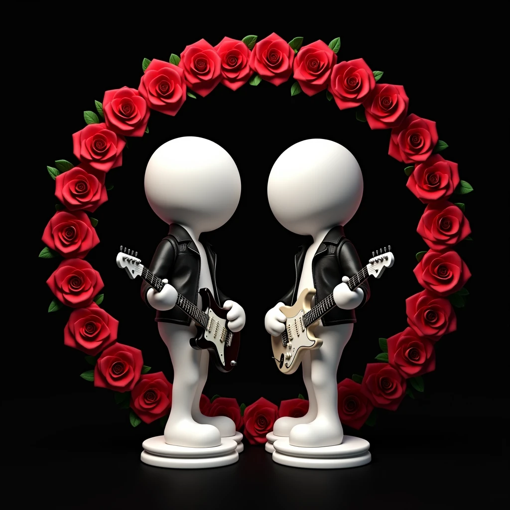 Create two characters that are chess pawns wearing a leather jacket and holding an electric guitar.. The head should be spherical without eyes similar to a real chess pawn and without legs like the base of a real chess pawn.. The base, head and hands should be white.... Surround the characters with a circular garland of red roses like the logo of the band Guns&#39;n Roses. The background must be black