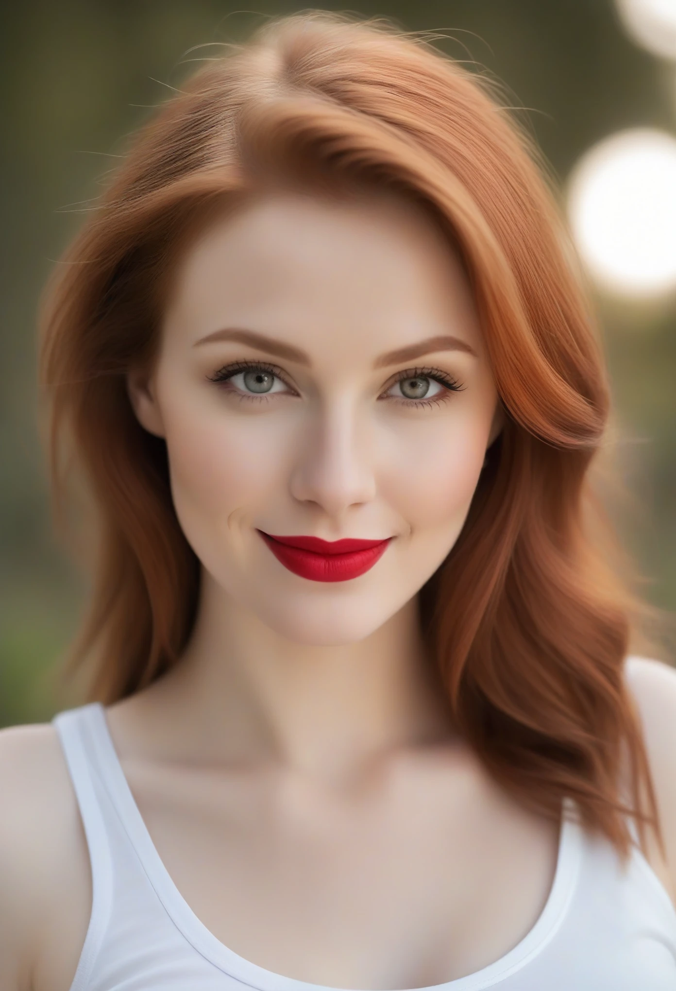 young Caucasian woman (((redhead))), (((eyes light grey))), thin face, full lips, (red lipstick), ((basic makeup))), large big and natural breasts, medium hair, seductive smile, wearing a (basic and white tank top by GAP), subtle skin texture, bokeh effect, post production enhancements