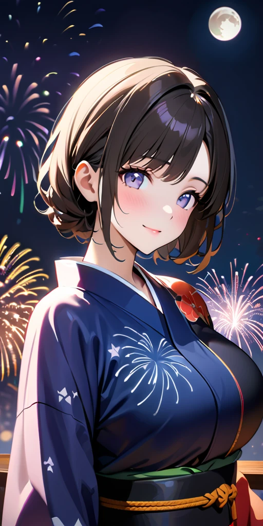 ((Highest quality、masterpiece、anime style、best quality、high resolution、8k、detailed、ultra-detailed:1.3))、Long legs:1.2, Beautiful woman with perfect figure:1.4、(Smiling:1.2), double eyelid、30-year-old female、((((One Woman,beautiful face,Beautiful face、Japanes,Japan、Kyoto、kimono、 night,upper body:1.5)))),Big Breasts、High resolution, accurate, Anatomically correct, Winner of numerous awards, High-resolution model, high quality, Very detailed, Ultra high definition, Textured skin,(((one moon,fireworks:1.5))),Japanese Festival