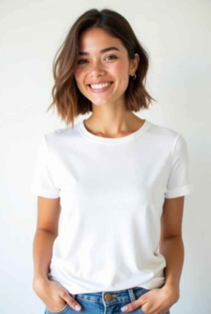 fair skin woman with short brown hair wearing a stylish white cotton crew neck t-shirt with hands in pockets smiling happily white background