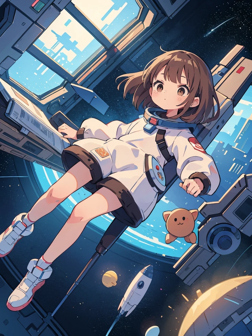 ((Best Quality)), (masutepiece)), (Details: 1.4), 。.。.3D, Absurd resolution, High resolution, (masutepiece: 1.4), ultra-detailliert, Beautiful girl 1 person, Futuristic female figure, Shimmering brown hair, Beautiful brown eyes, Beautiful face, 20 years old, Spaceship, floating, Small, space suits, Spaceship, window, Future, Dynamic Pose, Change of clothes, space girl