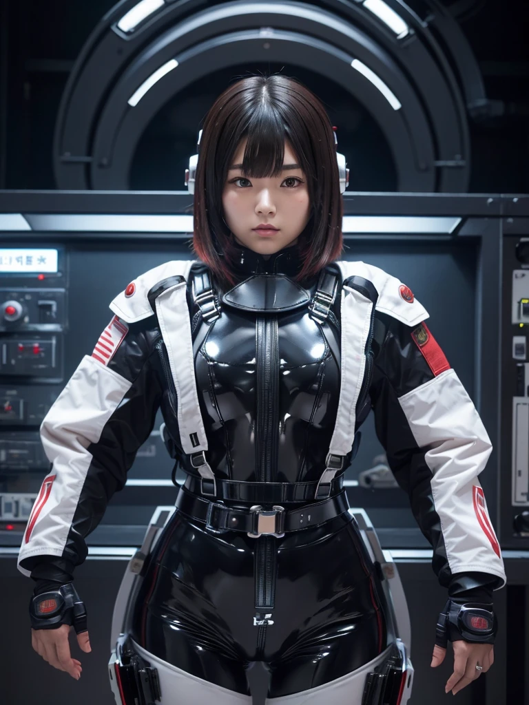 masterpiece, Highest quality, Very detailed, Japanese Android girl, Beautiful 2 Japanese woman, Plump,Slightly thicker,Control panel,Android,cyborg,Blunt bangs,Red bodysuit,Thick harness belt,Full-face helmet,Holding a machine gun,