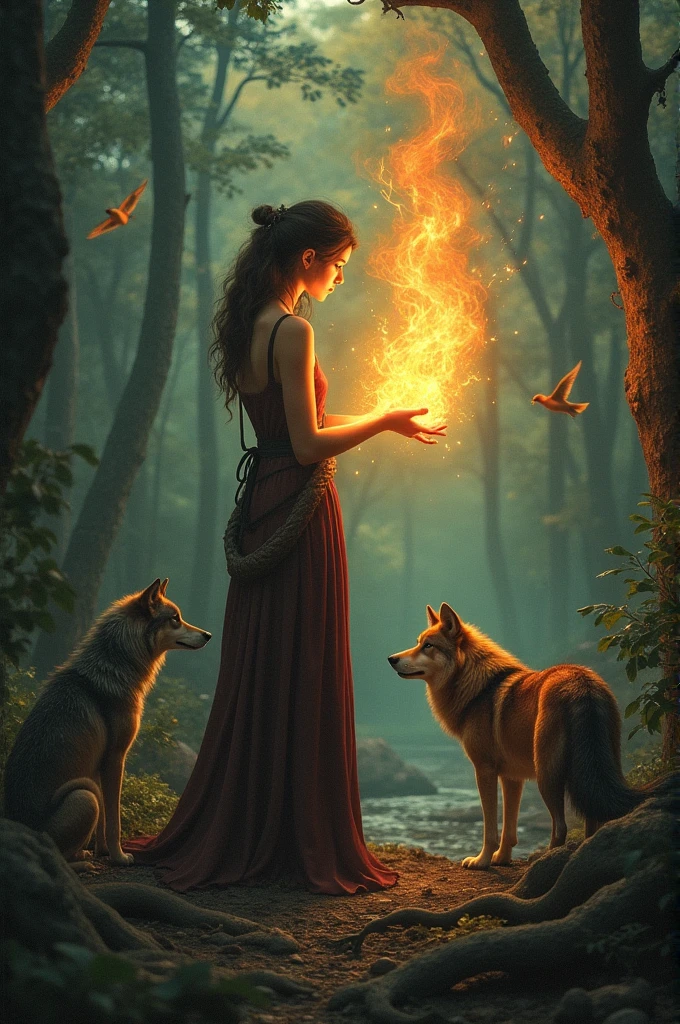 Generate a woman that has mytical flame coming out of her hand and is surrounded by snakes a birds and wolfs talking to them in the forest