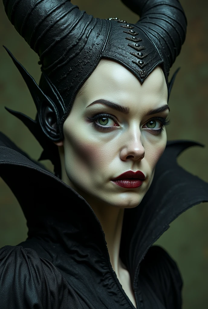 Stunning portrait, skin texture, high detail, Maleficent in the process of transforming into a dragon, she is not quite human, yet not quite a dragon