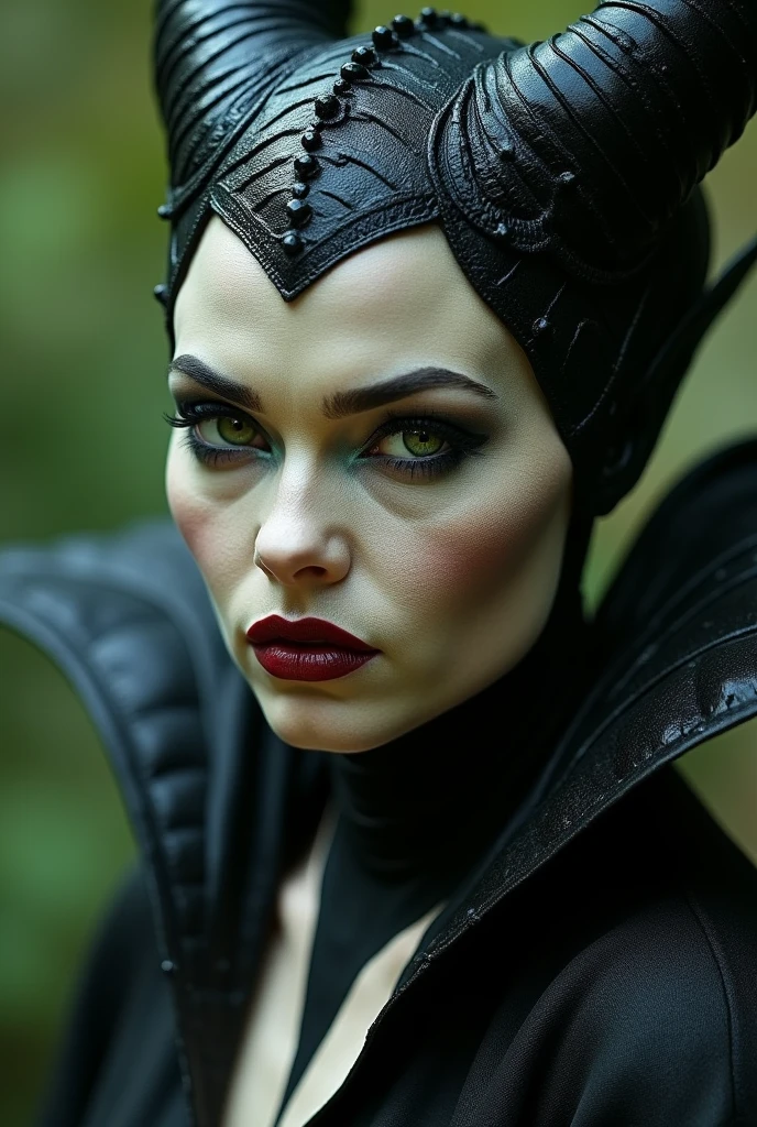Stunning portrait, skin texture, high detail, Maleficent in the process of transforming into a dragon, she is not quite human, yet not quite a dragon
