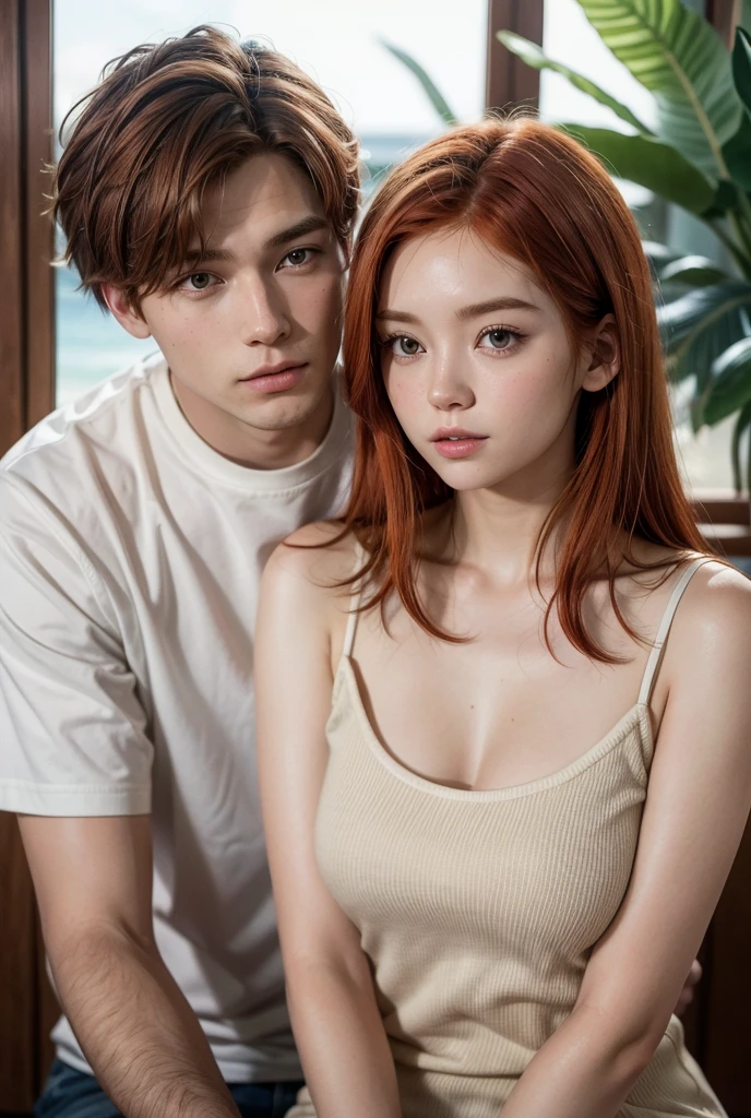 Redhead man with short straight hair together with his young redhead woman girlfriend with medium straight hair in Hawaii