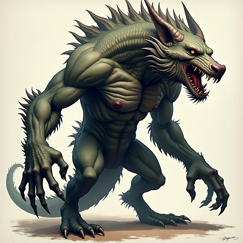 (best image quality, 4k, 8K, high resolution, masterpiece:1.2), (super detailed monster design sheet:1.37), Moderate: figure, Detailed figure, Digital figure, strong shadow (Firm texture:1.1), detailed: The rippling muscles of the monster's upper body, The monster's canine like face is snarling. depiction of hades god of the underworld as a dragon, cerberus like features ; artistic style: dark fantasy, illustration, character sheet, character design
