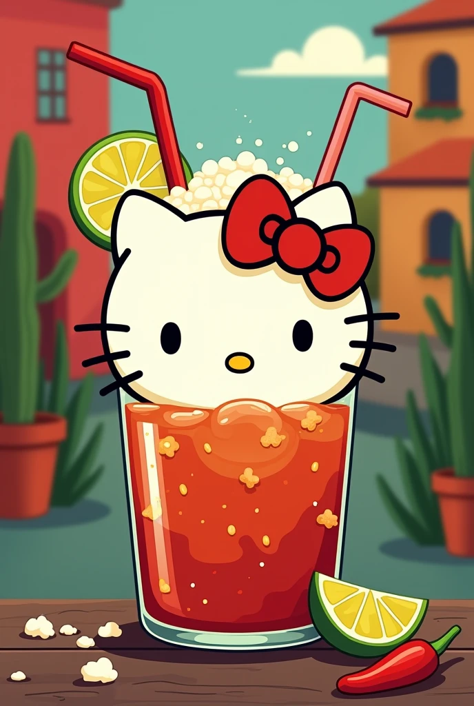 Drawing of a michelada shaped like Hello Kitty