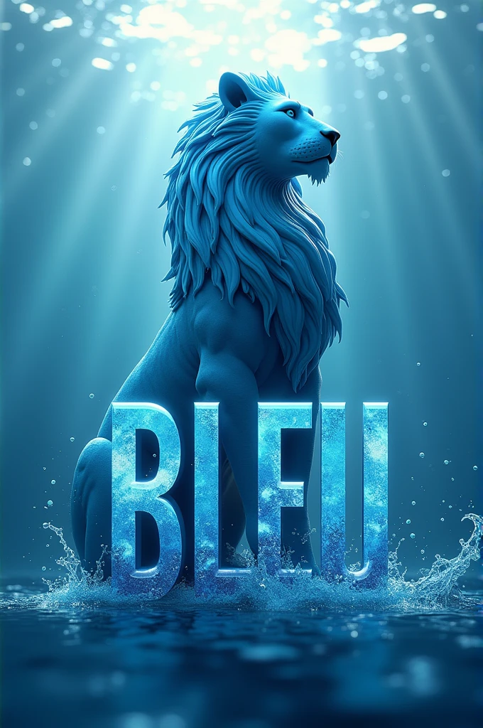 Make me a water lion in the background and in big letters the name BLEU like a cover of a company selling alkaline and purified water 