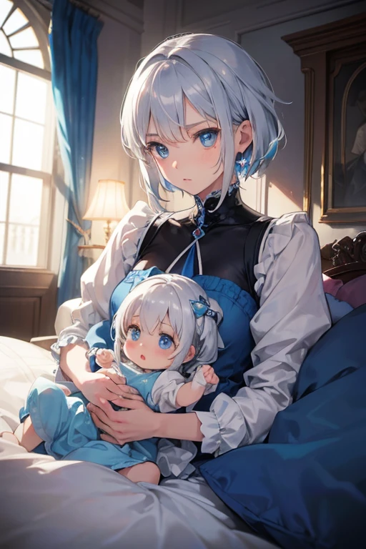 One with his aristocratic,your bright blue eyes,her short silver hair,with slightly blue highlights,your little face was cute,your bed was messy!