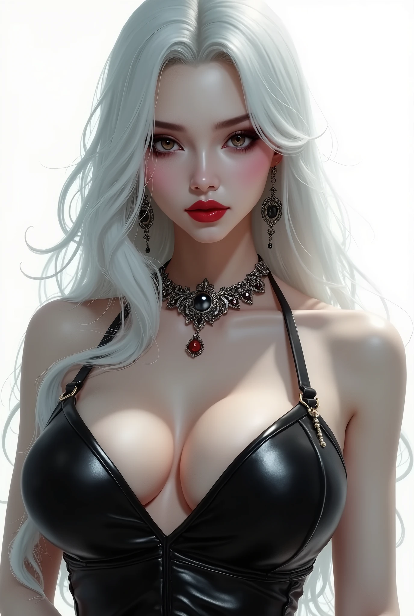 1girl, sunglasses, solo, hat, lipstick, red lips, long white hair, dress, plunging neckline, makeup, monochrome, white background, earrings, cleavage, jewelry, upper body, spot color, hair over shoulder,dark theme,shiny,shiny skin,milf,(mature japanese female:1.2),
