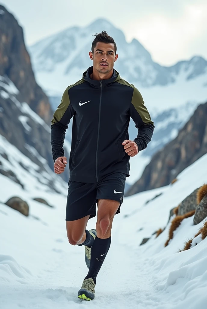 Cristiano Ronaldo ;portant un survêtement nike noir et kaki;sur les montagnes;entrain de s'entraîner;en hiver