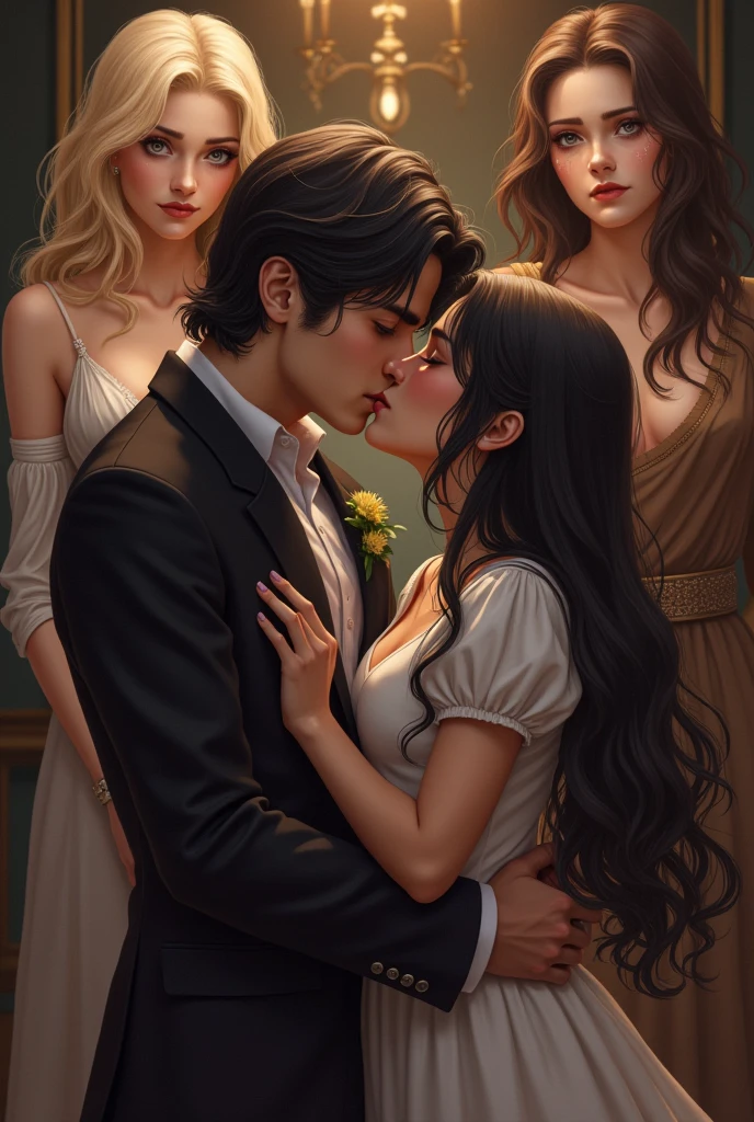 very pretty dark haired girl kissing a boy, in the background two girls, a very beautiful and rich blonde applauding proudly and a sad brunette crying a lot with anger and wearing old clothes