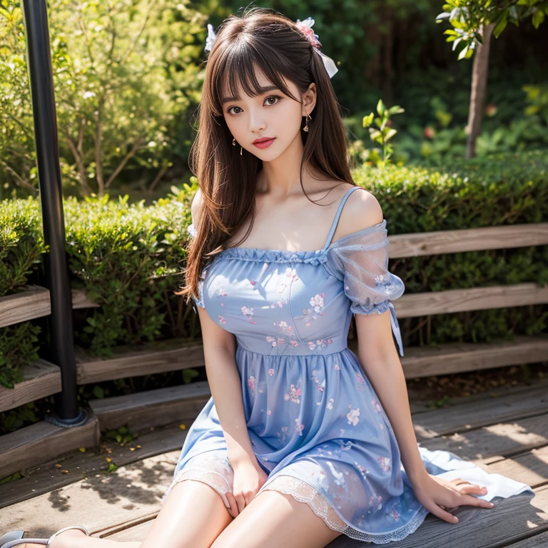 laughing out loud,travel scenery photos,Put on a sweet dress,mesh dress,blue floral pattern dress,Floral pattern scattered throughout the dress,Puff sleeves,公主Puff sleeves,Puff sleeves蓋住肩膀,Puff sleeves cover shoulders,Short sleeve,A-line dress,(There is a layer of transparent mesh outside the skirt), Fluffy and lightweight dress,(The dress is made of mesh), There are pink ribbon bows on both sides of the collarbone.,High hem A-line skirt,1 female, On the face, light brown hair, blunt bangs, hair behind ears, Shoulder length hair, long hair, Slender body type, 超face slimming型, face slimming, delicate lips, beautiful eyes, Thin blush, Eyes are light brown,Check it out here, (actual:1.3), One person's perspective, 8k, Super detailed, high quality, best quality, High resolution,2,above knee shot,Breast protrusion,plump breasts, Breasts in clothes,Clothing covers the breasts