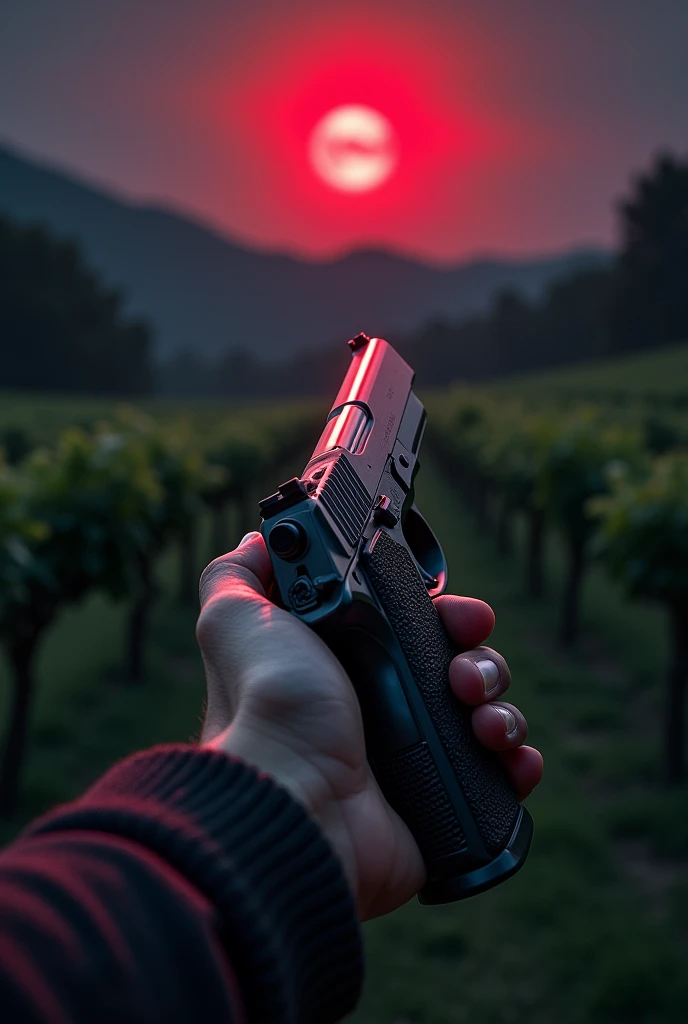 FIRST PERSON POSPECT with an arm holding a pistol, garden with vineyards, at night, a blood-colored moon in the sky