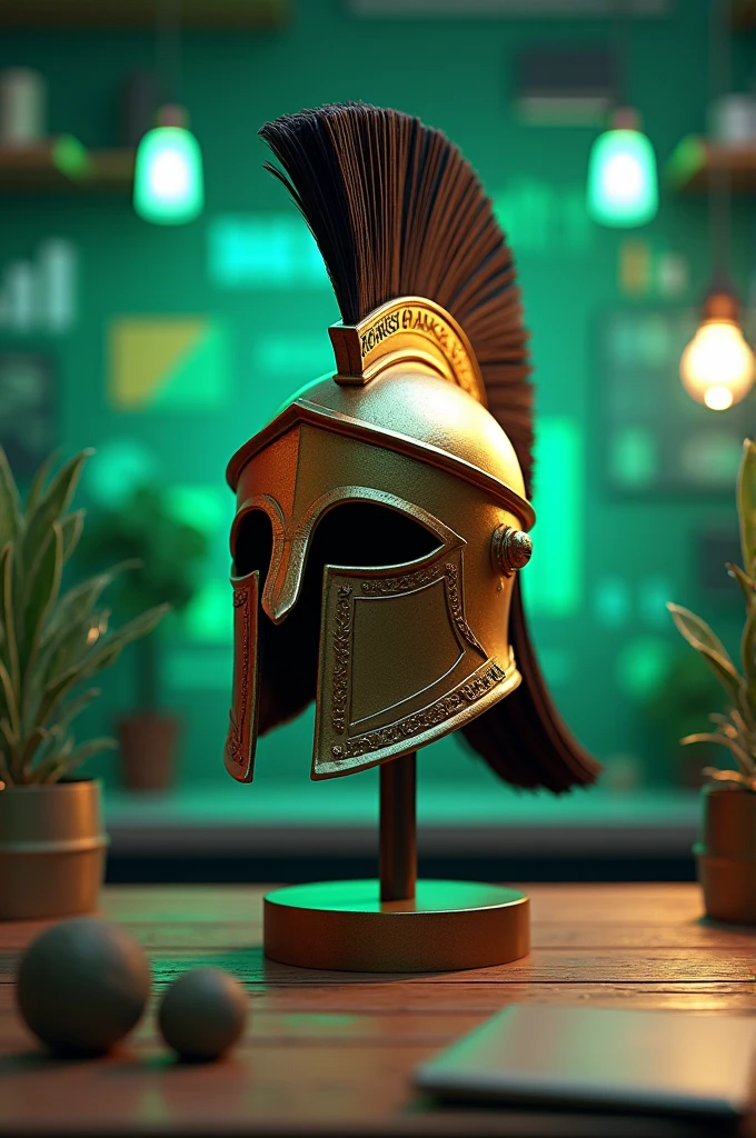 Trojan helmet in a green creative space filled with marketing references