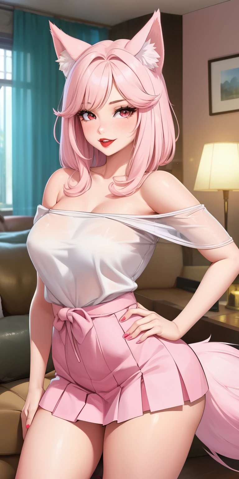 medium breasts, 1 girl, ((light pink hair)) ((wolf girl)) light red eyes, has a beautiful sensual body, with full breasts and thin waist, and an extremely sexy body, HIP HOP Long pleated skirt, Pink off-the-shoulder blouse, has a bold appearance. Youngh, 品質, realisitic, best 品質, cute expression, red lipstick lips, Beautiful smile of a girl in love, leaning, In the living room, beautiful and with a romantic setting