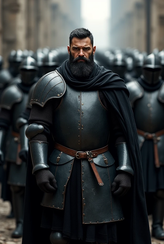 Very muscular medieval knight in black armor, black and square beard, about 50 years old, short hair, without sword, and with visible belt, with twelve more knights behind