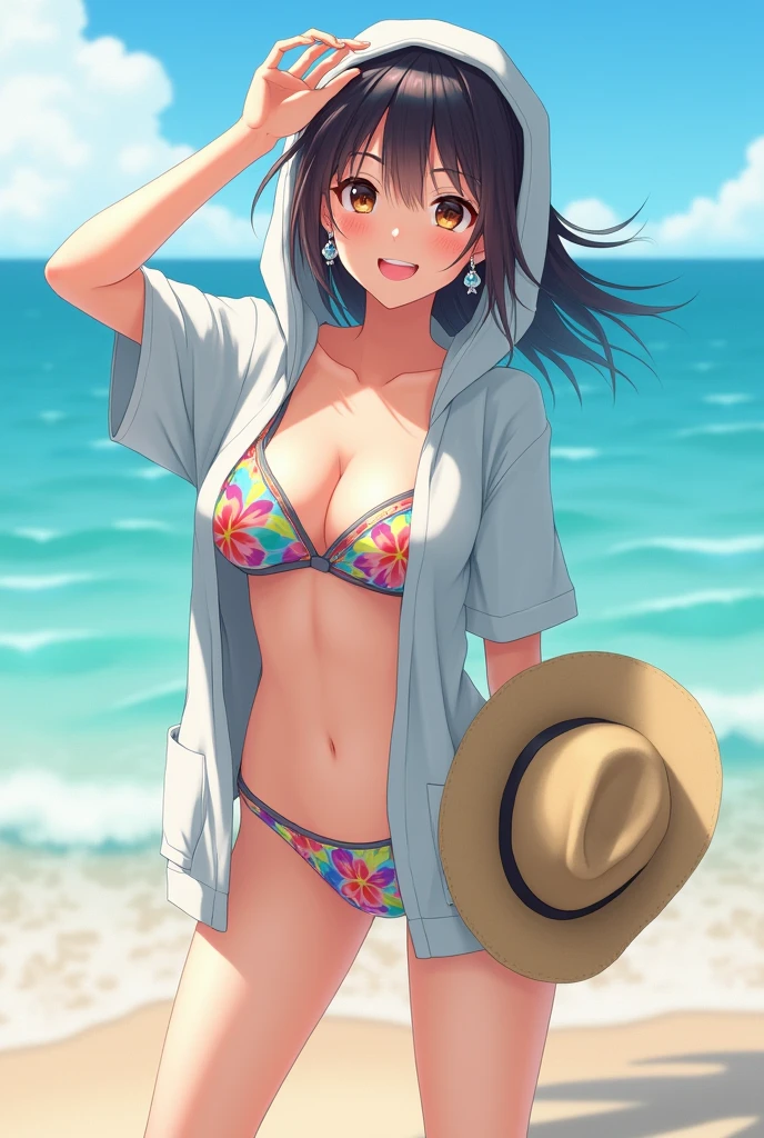 Actress Kyoko Fukada looks like　Smiling face wearing a hoodie over a bikini、Earrings、Holding hat in hand、Summer Sea
