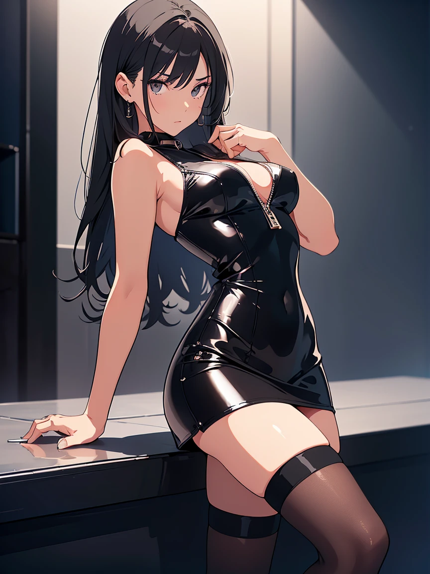 Girl, serious features,(hands behind back), ((she has black eyes+Long black hair+Short black leather dress)), high definition, high detailing, detailed face, detailed eyes, detailed body