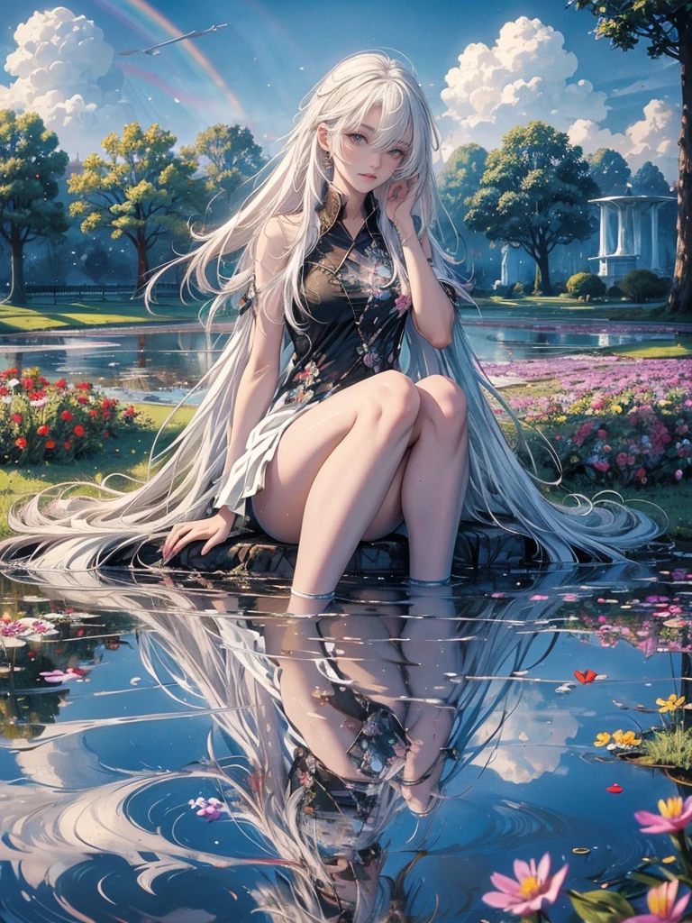 high quality, top quality,high resolution,1girl,solo,cute,white hair and long hair,after the rain, blue sky,rainbow in the sky,in park, puddle,wet flower