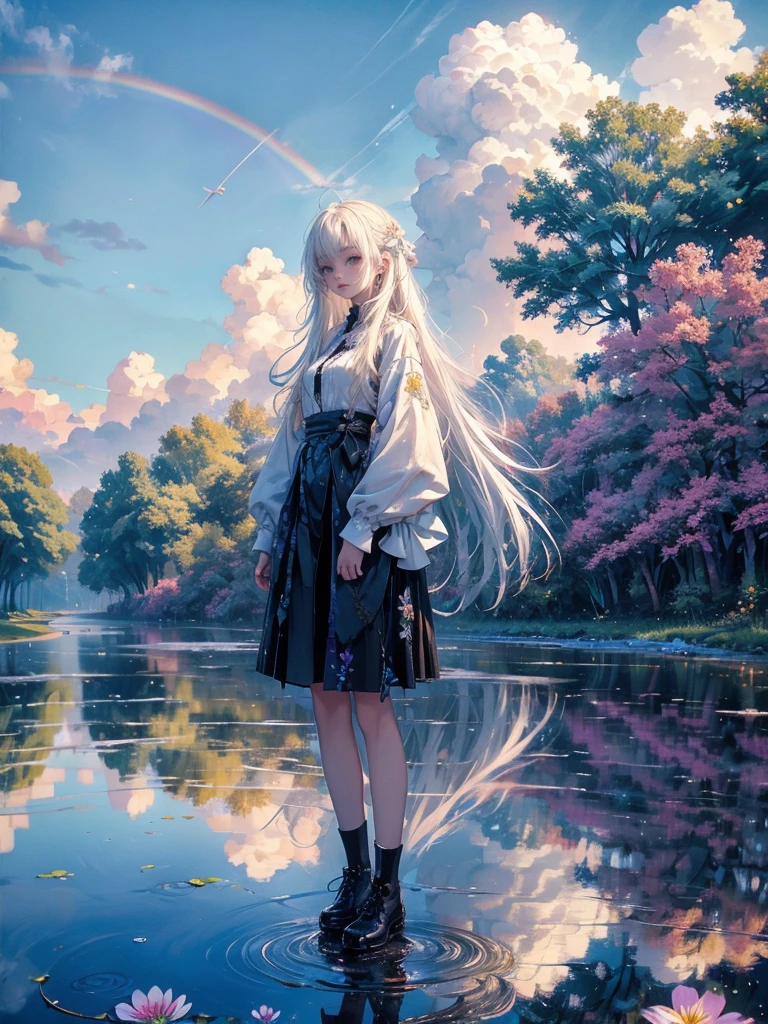 high quality, top quality,high resolution,1girl,solo,cute,white hair and long hair,after the rain, blue sky,rainbow in the sky,in park, puddle,wet flower